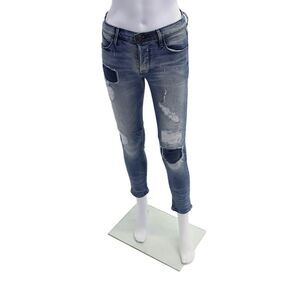 R+A Womens Cotton Distressed Patchwork Detail Skinny Jeans Blue Size 24